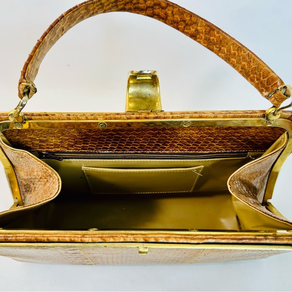 Mid Century Python Bag Brown Snakeskin Frame Box … - image 5